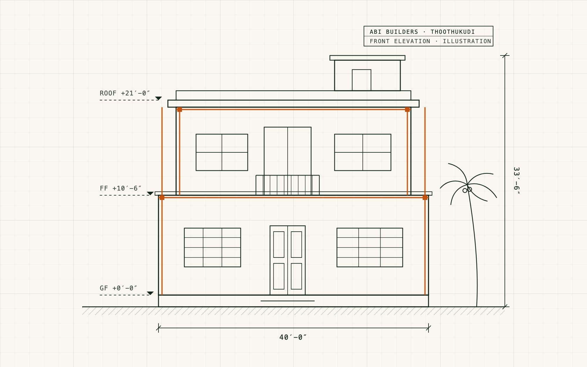 A line drawing of a two-storey house elevation with its concrete frame and dimensions marked